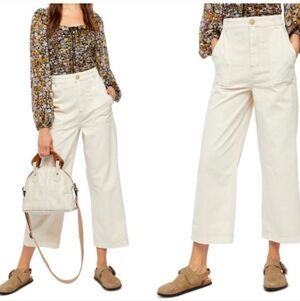 Free People Sunday Skies High Waist Wide Leg crop Pants Cream Cotton Buckle Back